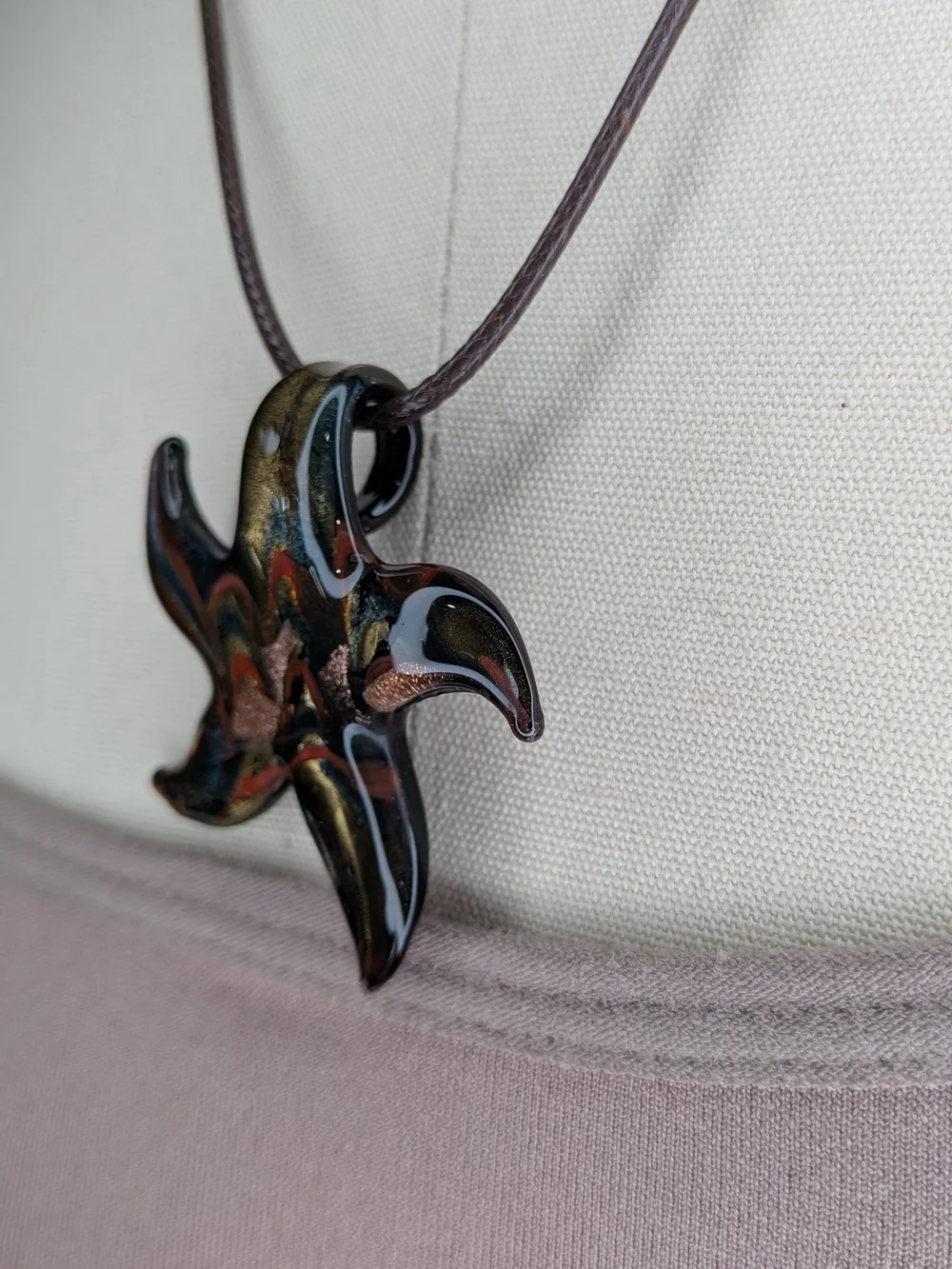Art Glass Starfish Pendant Necklace Copper Aventurine Gold Shimmer